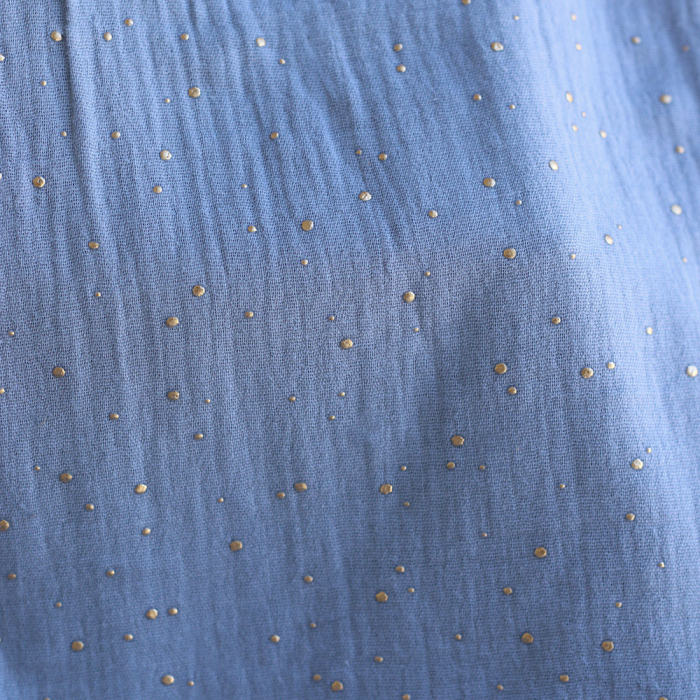Double gaze de coton pois dorés fond bleu nuage