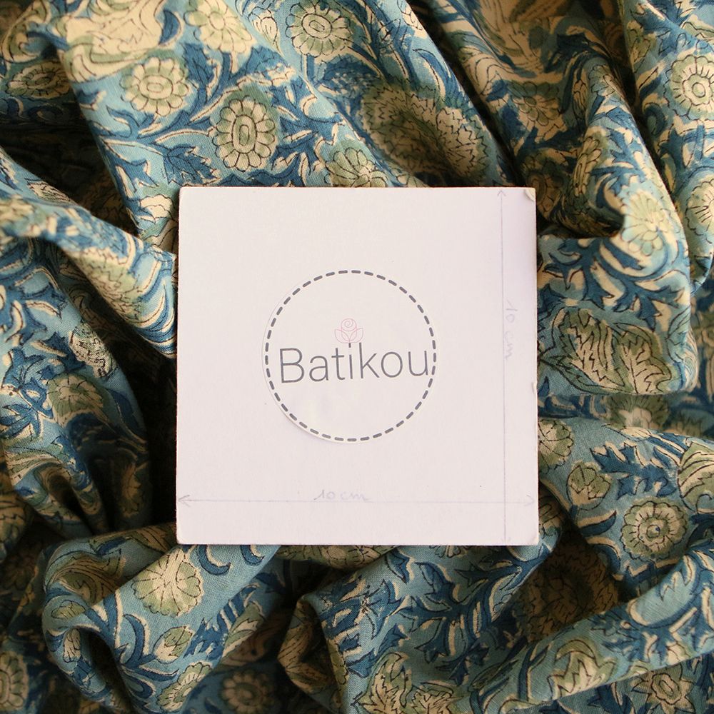 Kalyani - Tissu indien en coton imprimé main, hand block bleu et jaune pâle
