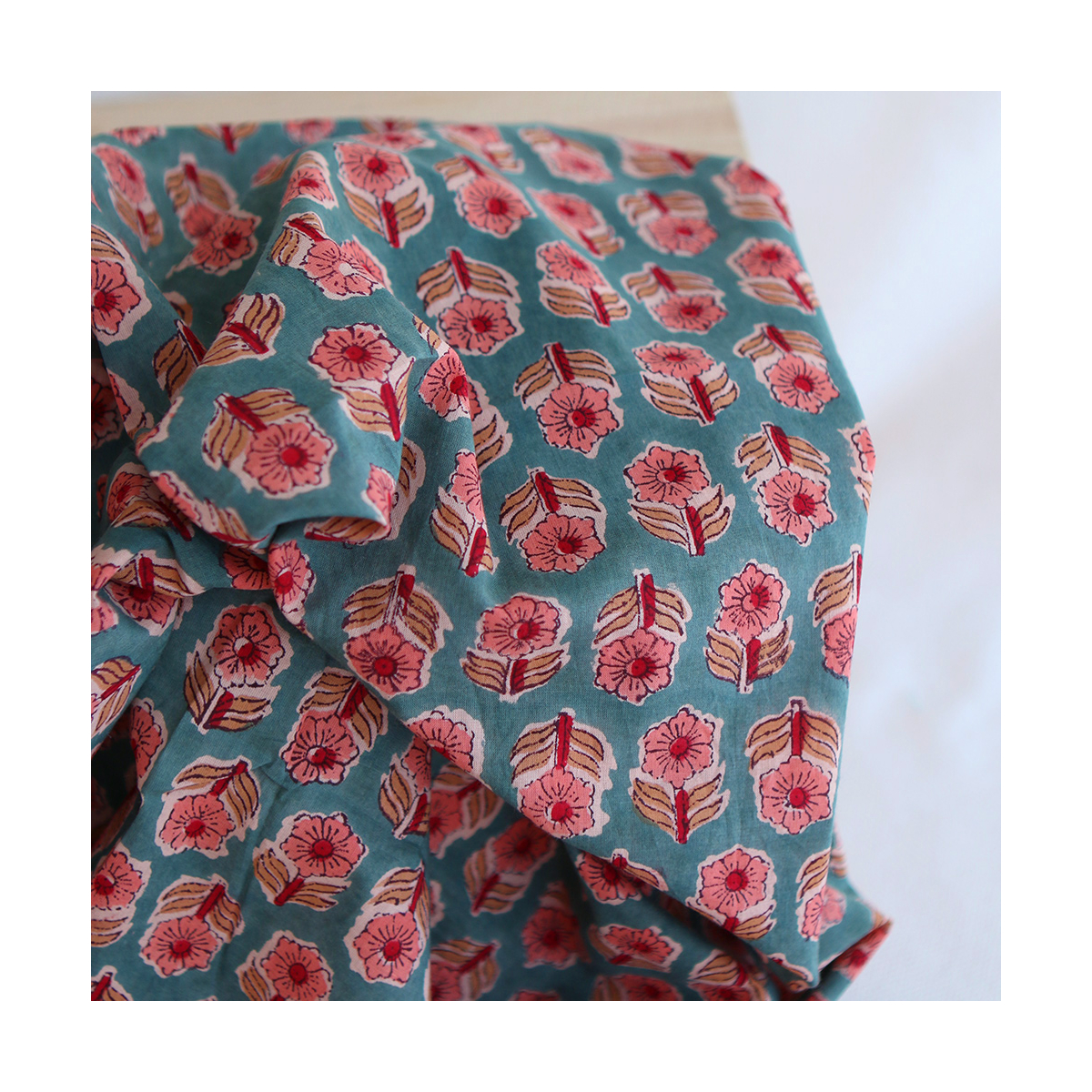 Sahar B - Tissu indien coton hand block traditionnel Teal