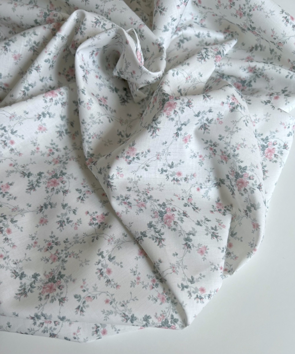 Pippa - Batiste de coton bio SILKYNE à imprimé fleuri rose /vert sauge Tissus issus de l'agriculture biologique  - 6