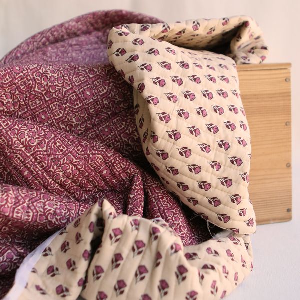 Malini - Tissu indien matelassé double face coton hand block, largeur 100 cm