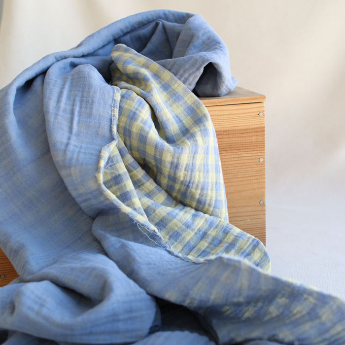 Double gaze de coton réversible vichy lemon et bleu baltique