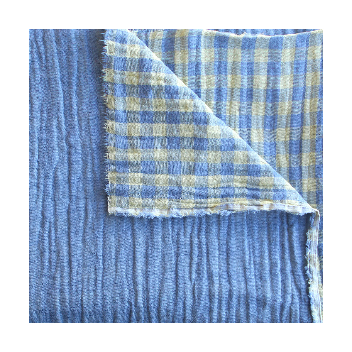 Double gaze de coton réversible vichy lemon et bleu baltique