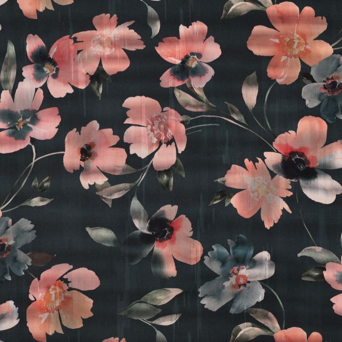 Satin de coton grandes fleurs aquarelle fond noir