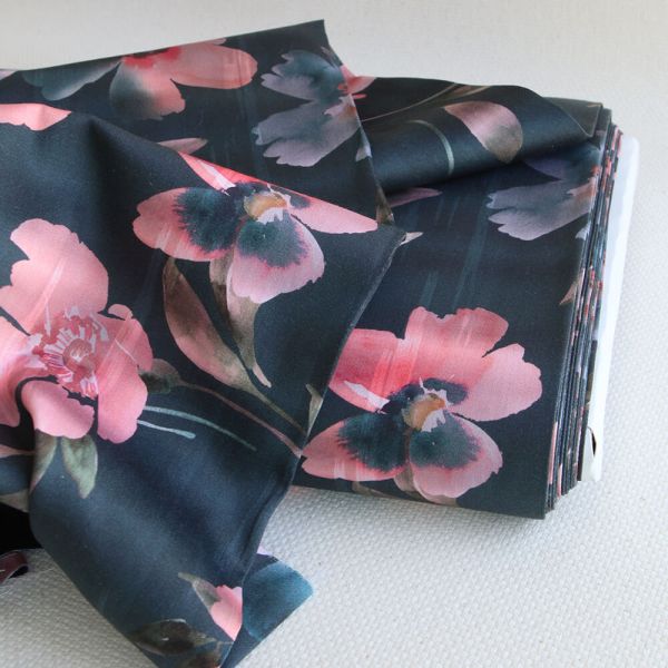 Meline - Coton satiné grandes fleurs aquarelle fond anthracite