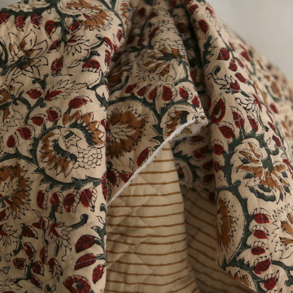 Nisha & rayures - Tissu indien matelassé double face coton hand block teal largeur 100cm