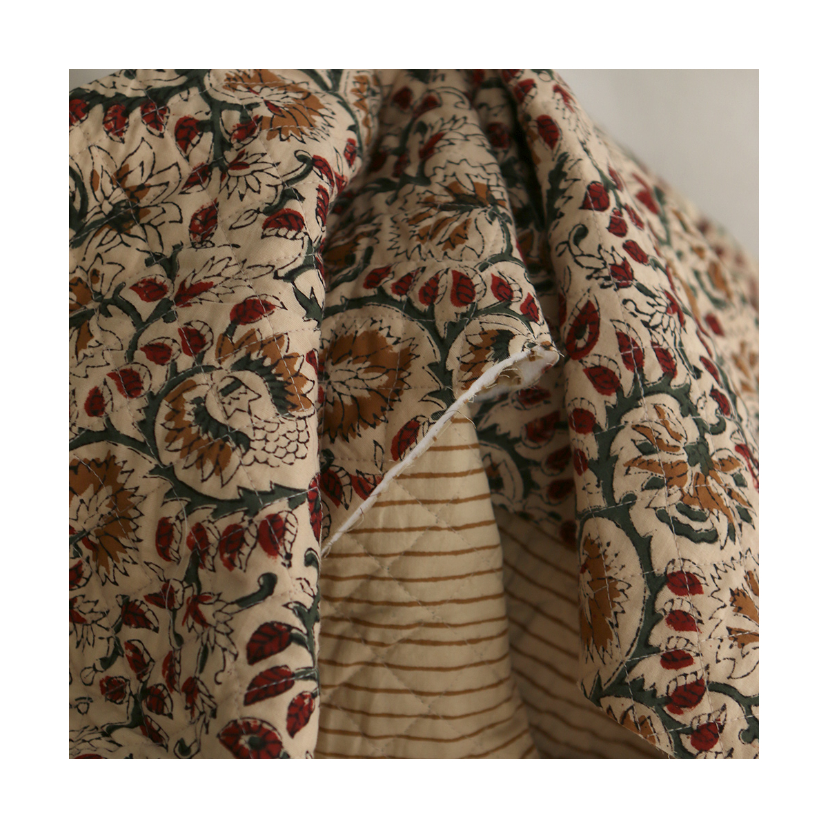 Nisha & rayures - Tissu indien matelassé double face coton hand block teal largeur 100cm