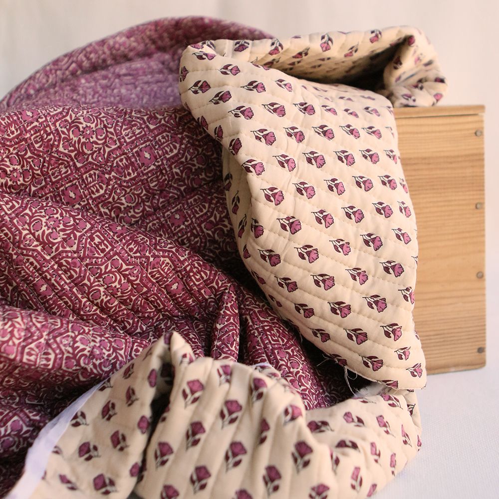 Malini - Tissu indien matelassé double face coton hand block, largeur 100 cm