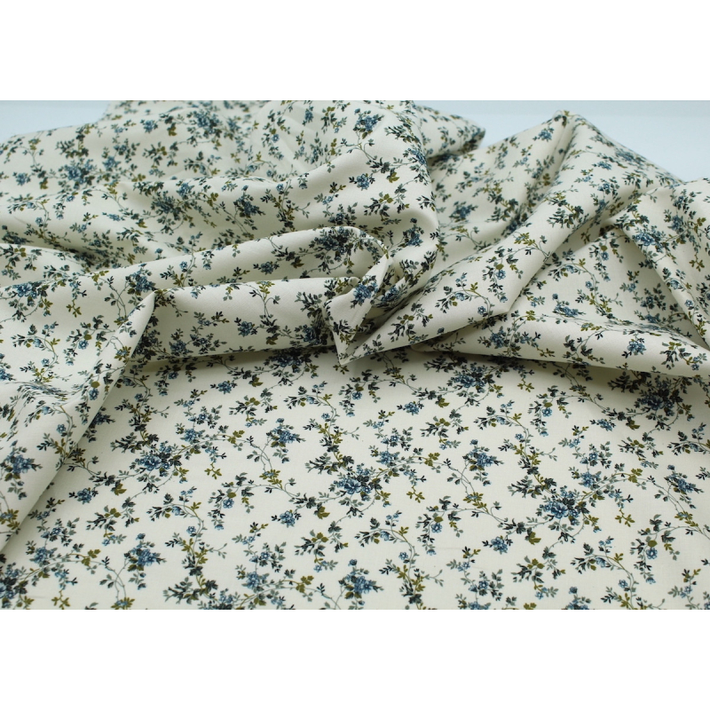 Popeline de coton fine et douce organique fond ivoire imprimé fleuri bleu vert