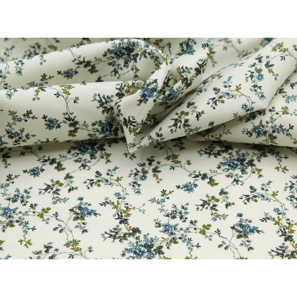 Popeline de coton fine et douce organique fond ivoire imprimé fleuri bleu vert