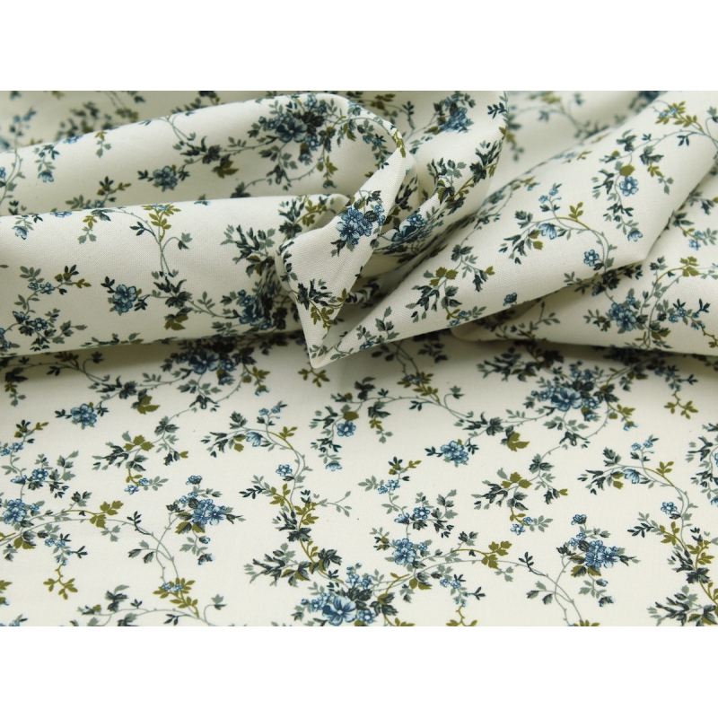 Popeline de coton fine et douce organique fond ivoire imprimé fleuri bleu vert