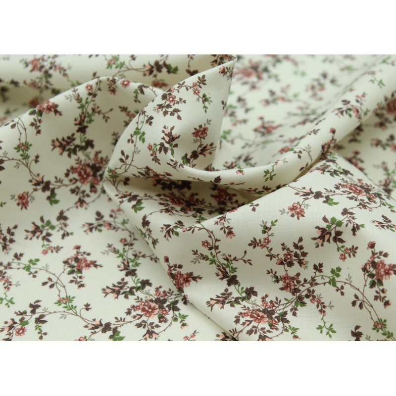Popeline fine et douce coton organique fond ivoire imprimé fleuri vieux rose