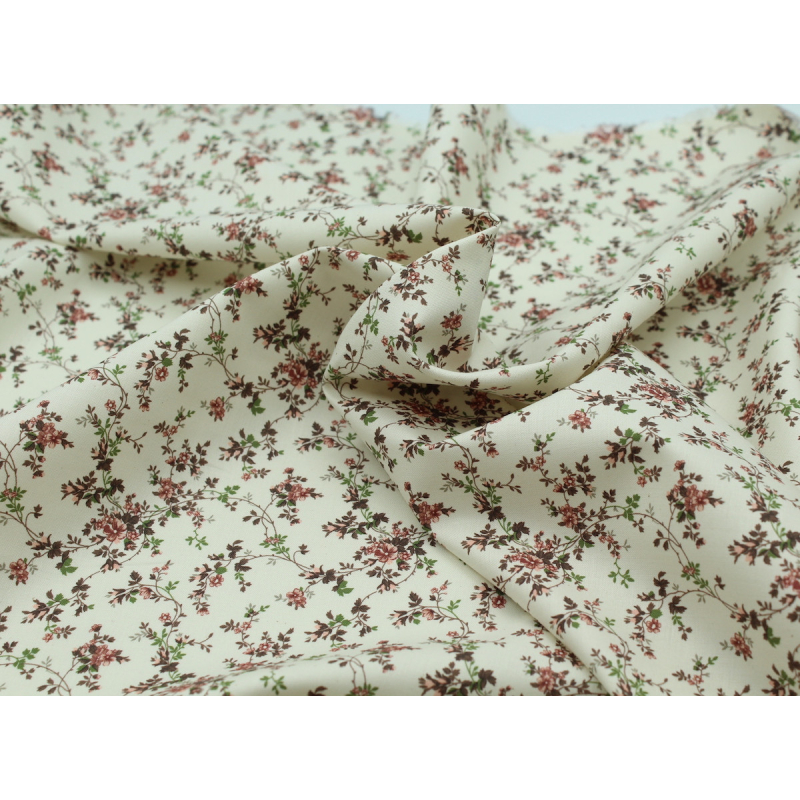 Popeline fine et douce coton organique fond ivoire imprimé fleuri vieux rose