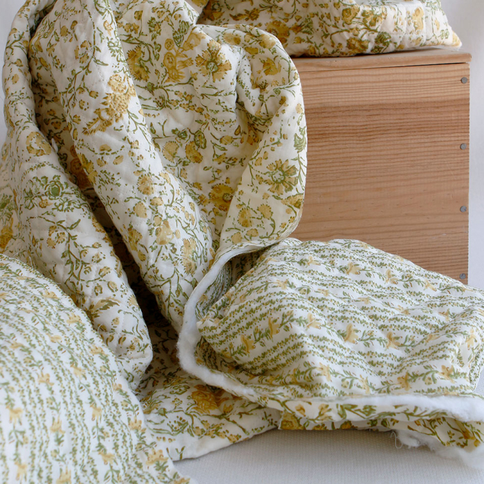 Karishma jaune - Tissu indien matelassé double face coton hand block largeur 100cm