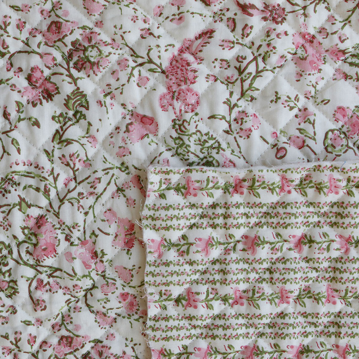 Karishma rose - Tissu indien matelassé double face coton hand block largeur 100cm