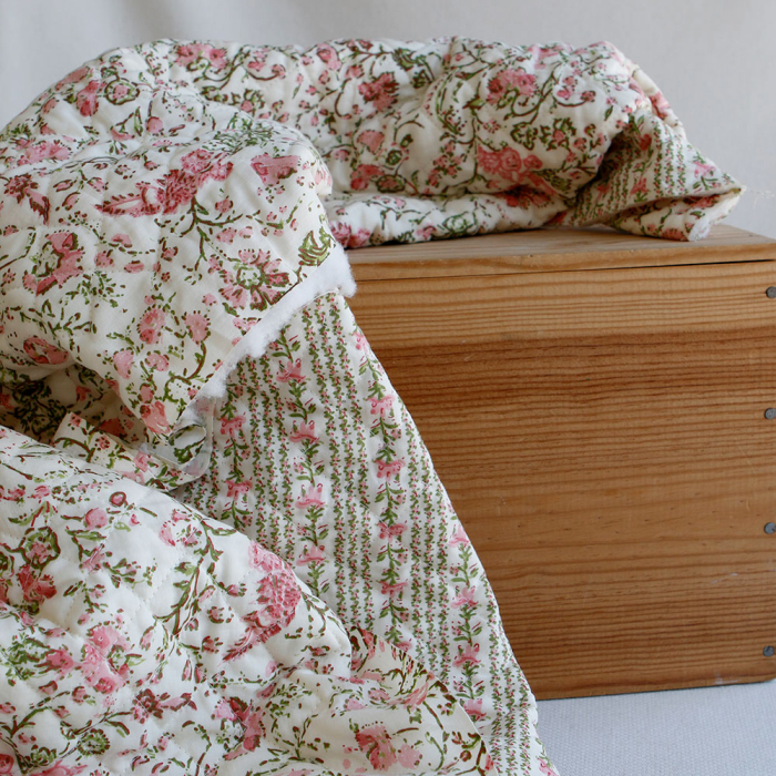Karishma rose - Tissu indien matelassé double face coton hand block largeur 100cm