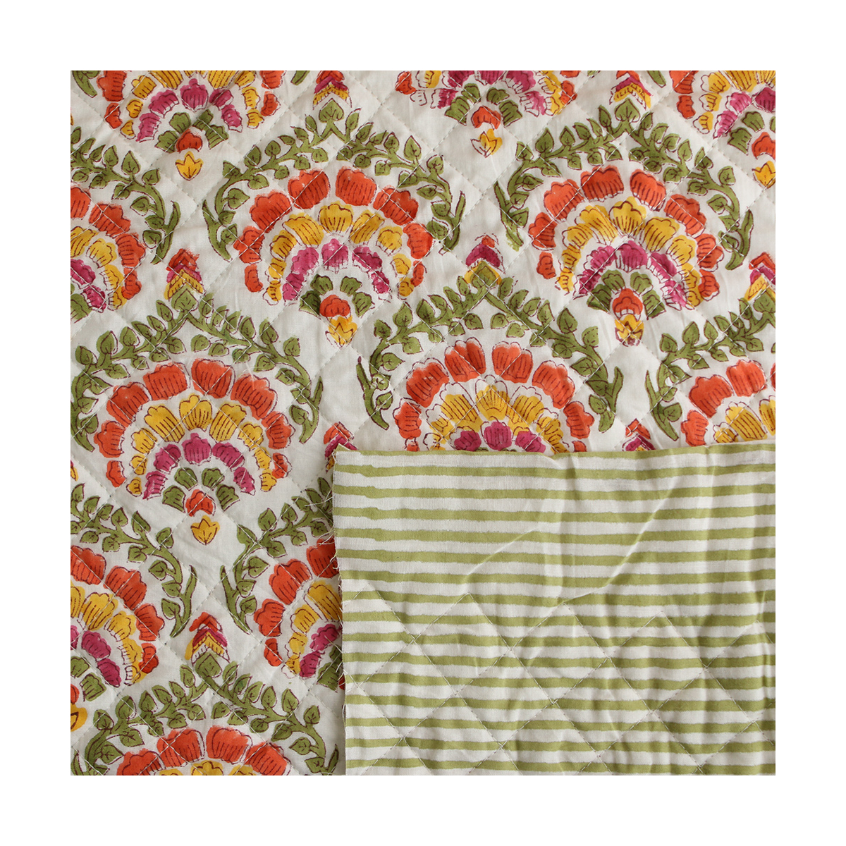 Ravi - Tissu indien matelassé double face coton hand block teal largeur 100cm