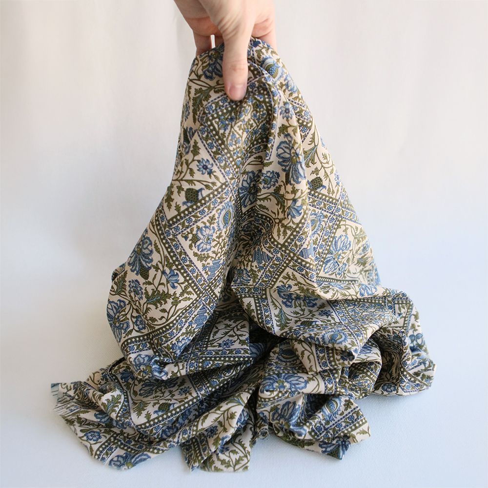Prisha - Tissu indien en coton imprimé main, hand block bleu et vert