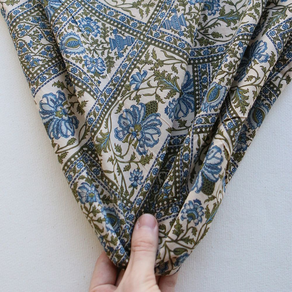 Prisha - Tissu indien en coton imprimé main, hand block bleu et vert