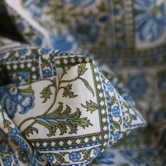 Prisha - Tissu indien en coton imprimé main, hand block bleu et vert