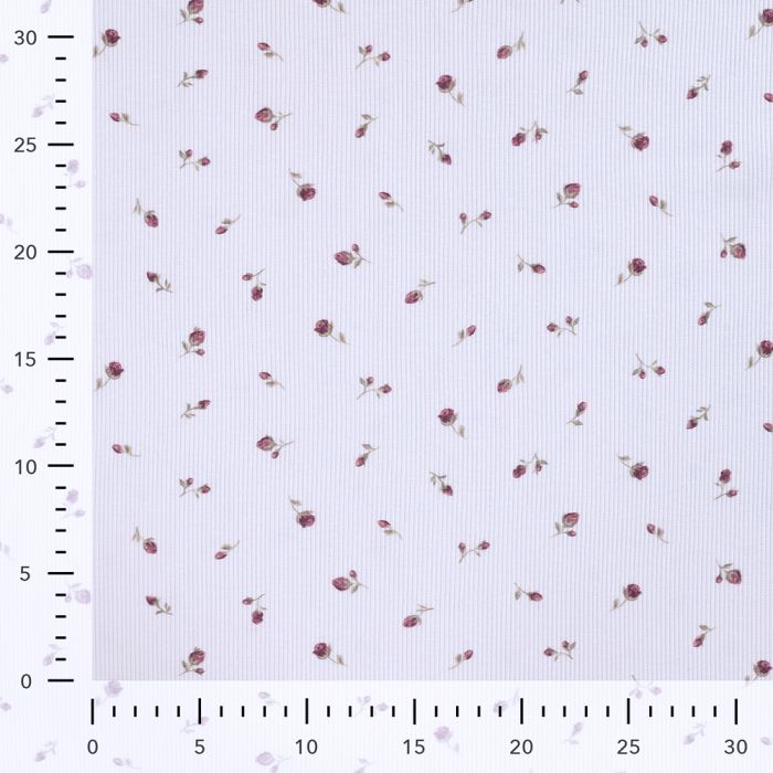 Jersey coton côtes fines à motif fleuri bois de rose fond blanc lait