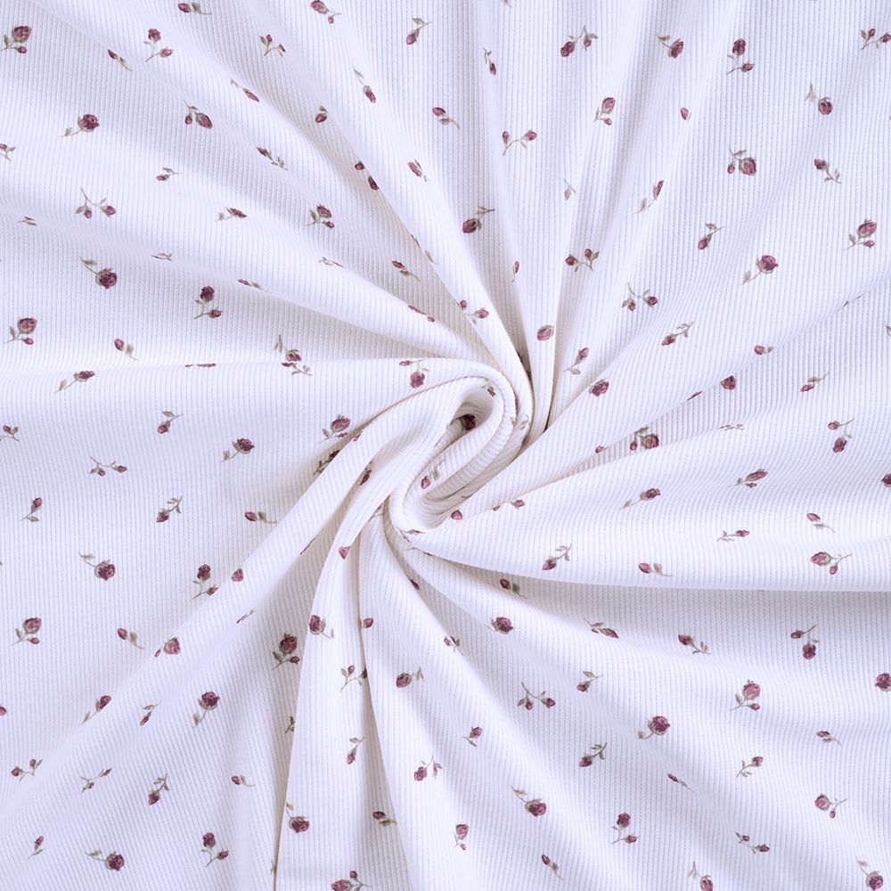 Jersey coton côtes fines à motif fleuri bois de rose fond blanc lait