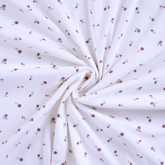 Jersey coton côtes fines à motif fleuri bois de rose fond blanc lait