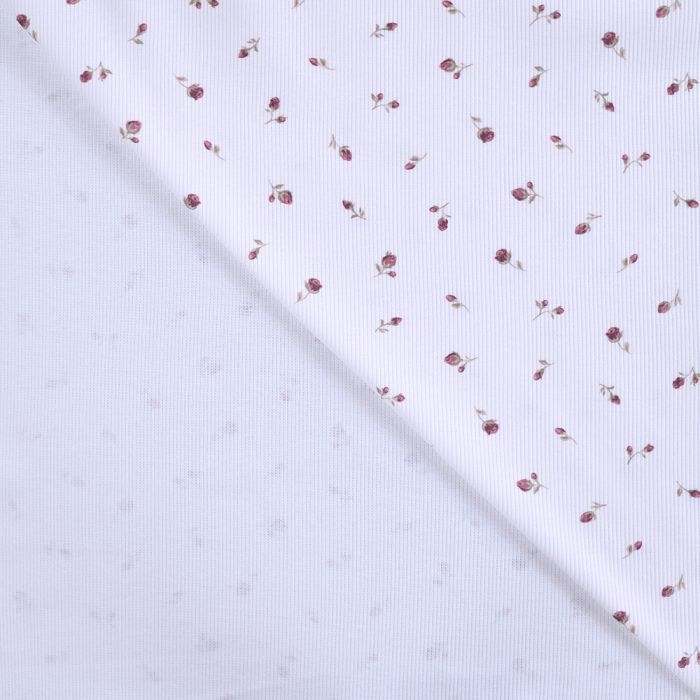 Jersey coton côtes fines à motif fleuri bois de rose fond blanc lait