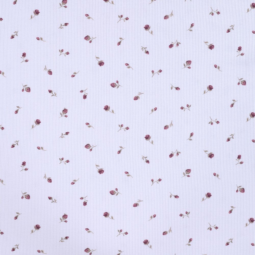 Jersey coton côtes fines à motif fleuri bois de rose fond blanc lait