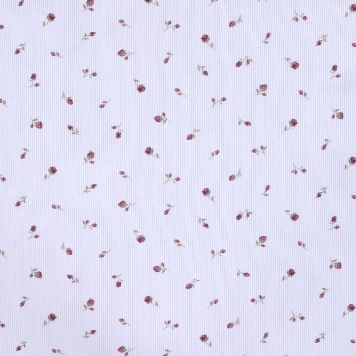 Jersey coton côtes fines à motif fleuri bois de rose fond blanc lait