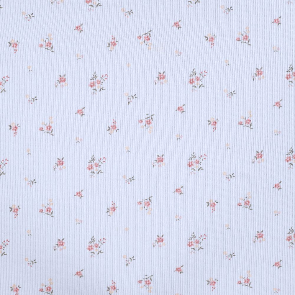Jersey coton côtes fines à motif fleuri corail rose fond blanc lait