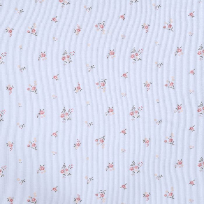 Jersey coton côtes fines à motif fleuri corail rose fond blanc lait