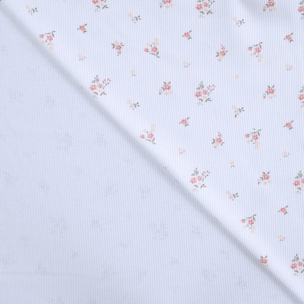 Jersey coton côtes fines à motif fleuri corail rose fond blanc lait