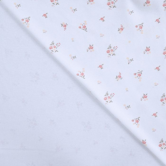 Jersey coton côtes fines à motif fleuri corail rose fond blanc lait