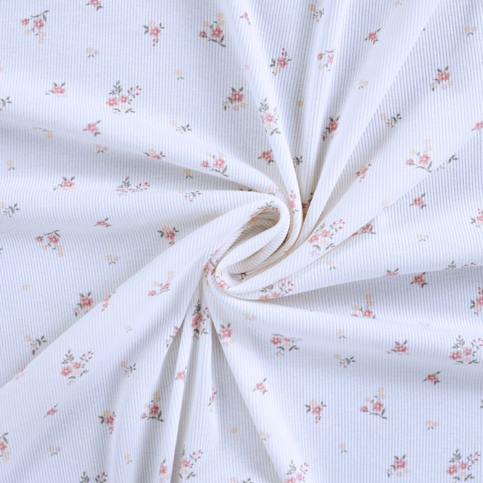 Jersey coton côtes fines à motif fleuri corail rose fond blanc lait