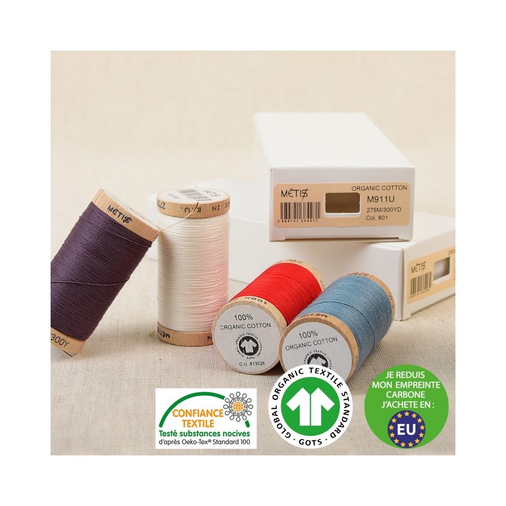 Blanc lait – Fil à coudre 100 % coton bio 275 m, bobine bois