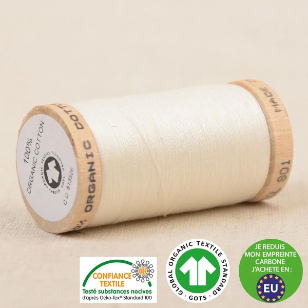 Blanc lait – Fil à coudre 100 % coton bio 275 m, bobine bois