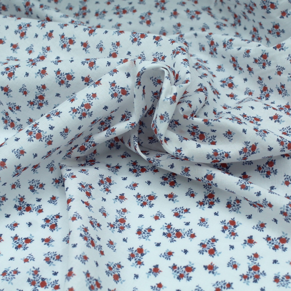Batiste de coton imprimé fleuri bleu / rouge
