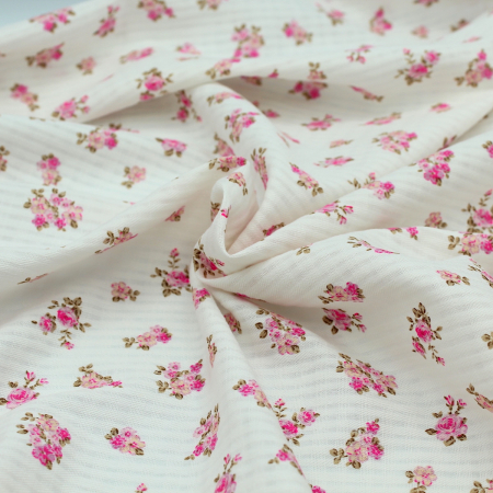 Seersucker / Coton gaufré doux motif petites fleurs rose fluo