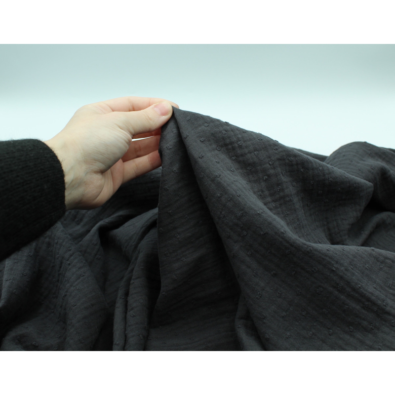 Double gaze de coton BIO plumetis faux noir anthracite