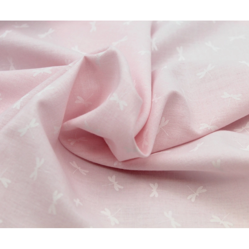 Chambray coton coloris rose layette à motif libellules blanches
