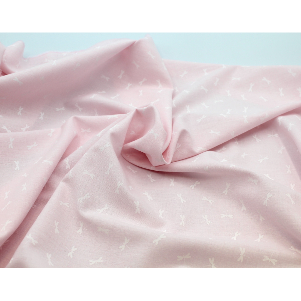 Chambray coton coloris rose layette à motif libellules blanches