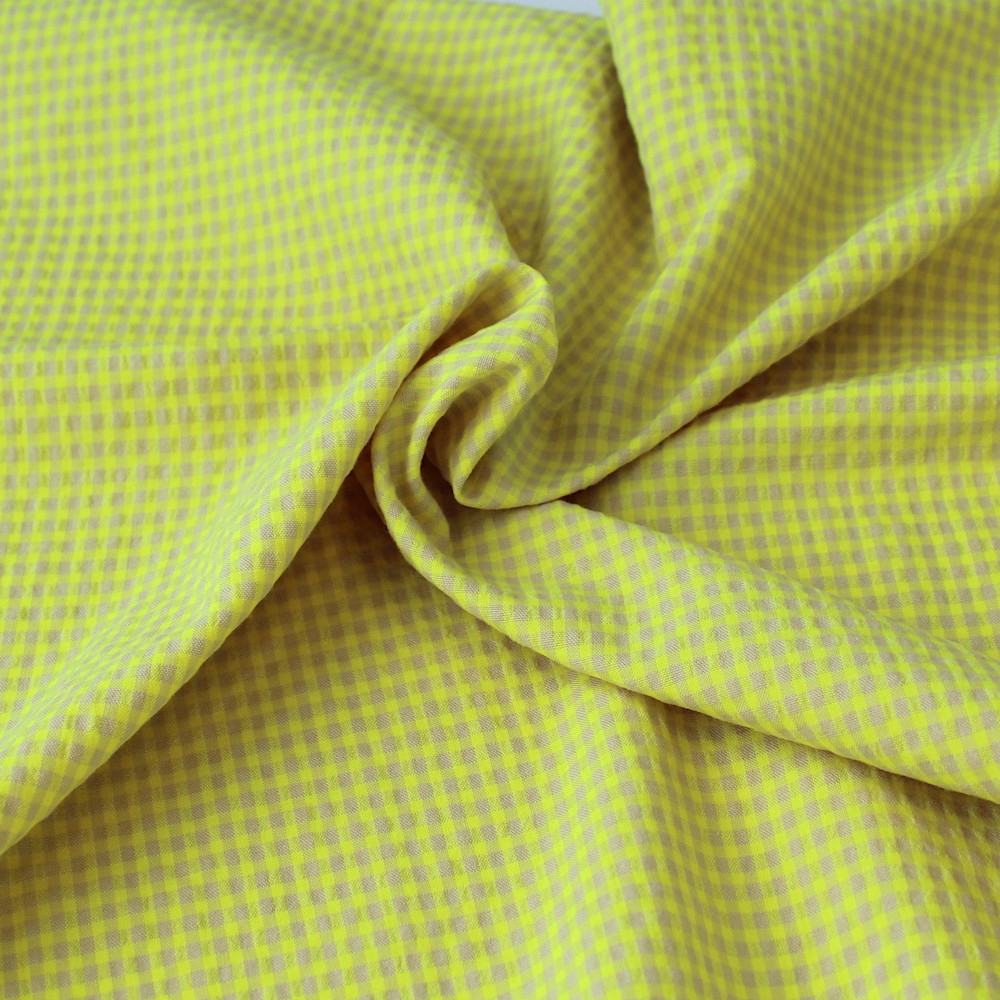 Seersucker / Coton gaufré vichy mini jaune fluo