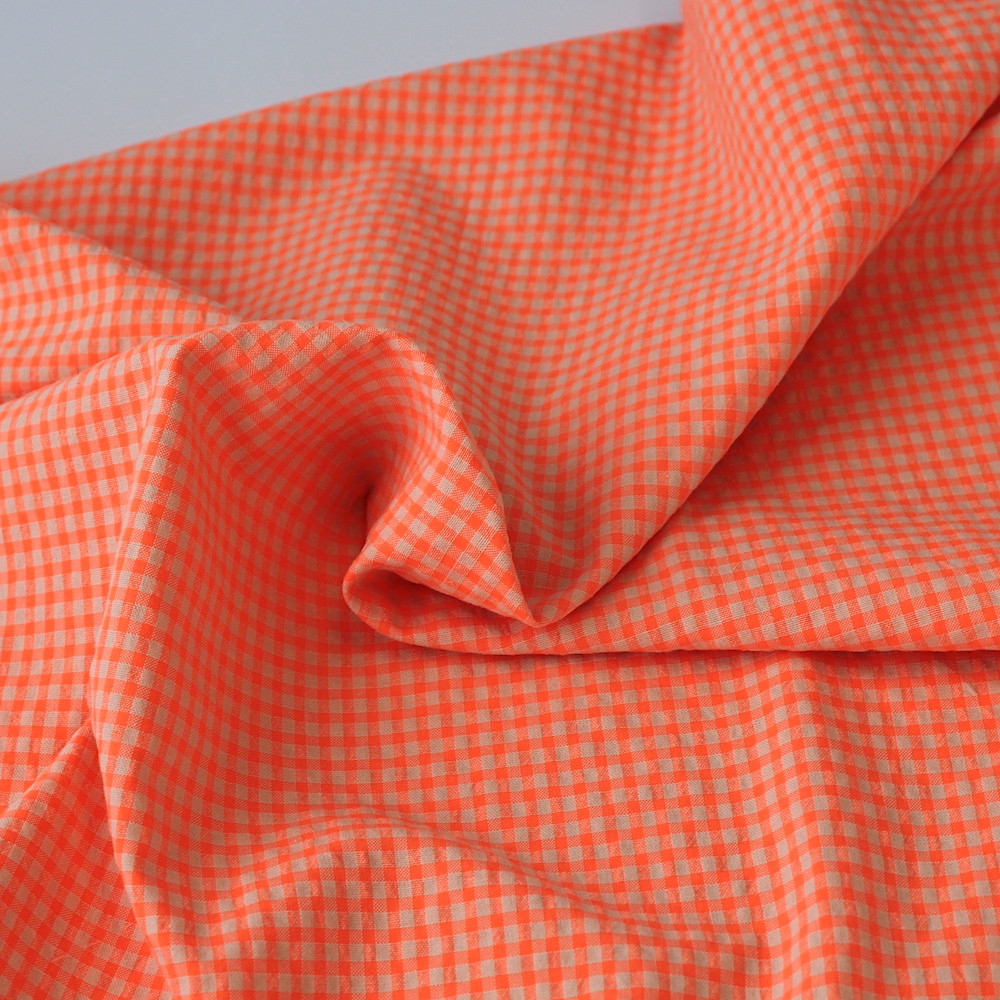 Seersucker / Coton gaufré vichy orange fluo