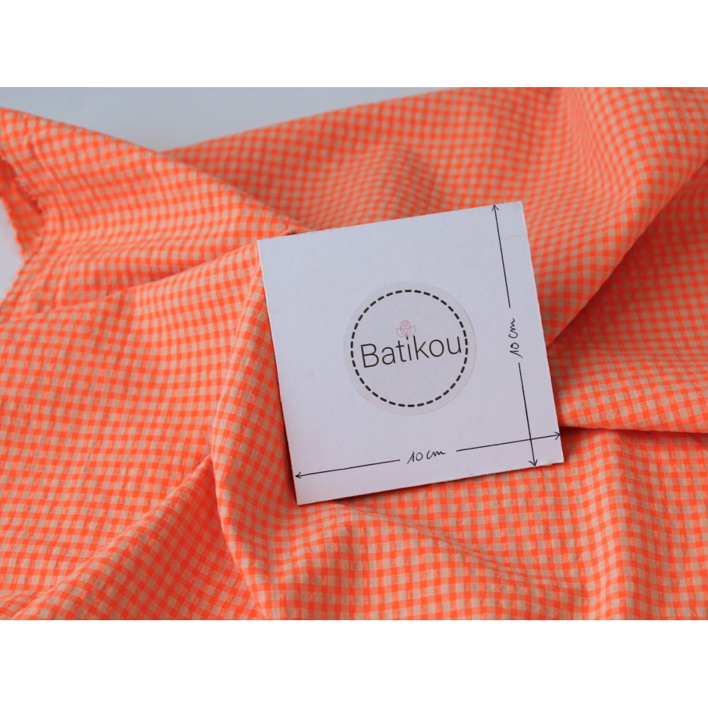 Seersucker / Coton gaufré vichy orange fluo