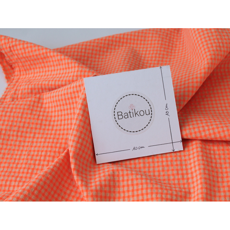 Seersucker / Coton gaufré vichy orange fluo