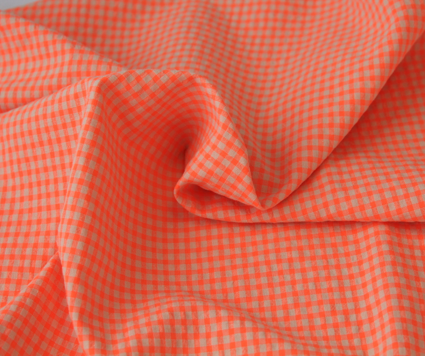 Seersucker / Coton gaufré vichy orange fluo