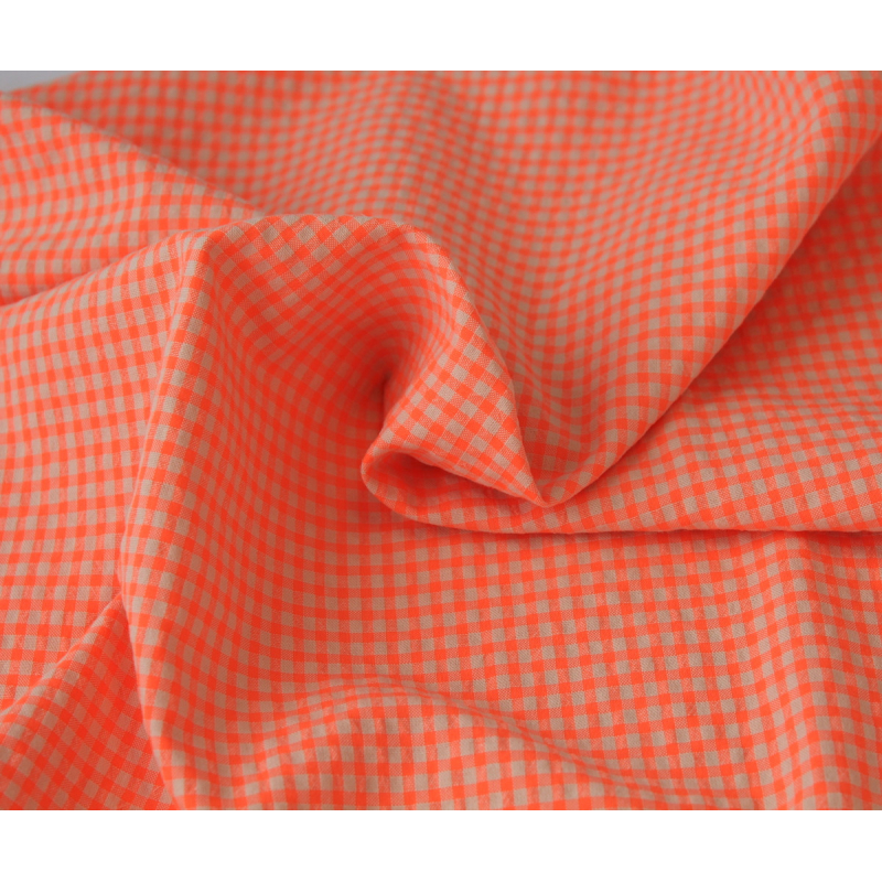 Seersucker / Coton gaufré vichy orange fluo