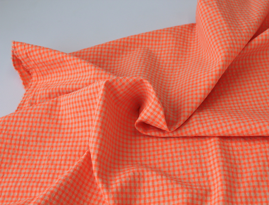 Seersucker / Coton gaufré vichy orange fluo