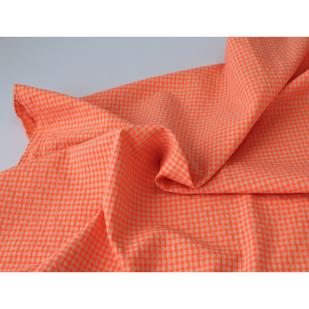 Seersucker / Coton gaufré vichy orange fluo